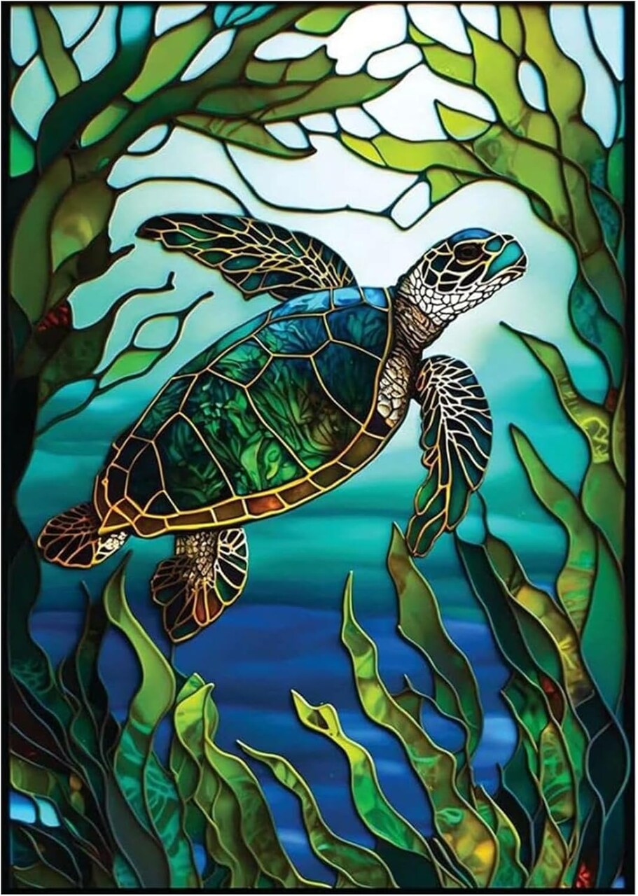5D DIY Diamond Painting Kits for Adults Kids, Sea Turtle Stained Glass Full Drill Embroidery Cross Stitch Crystal Rhinestone Paintings Pictures Arts Wall Decor Painting Dots Kits 15.7X11.8 in